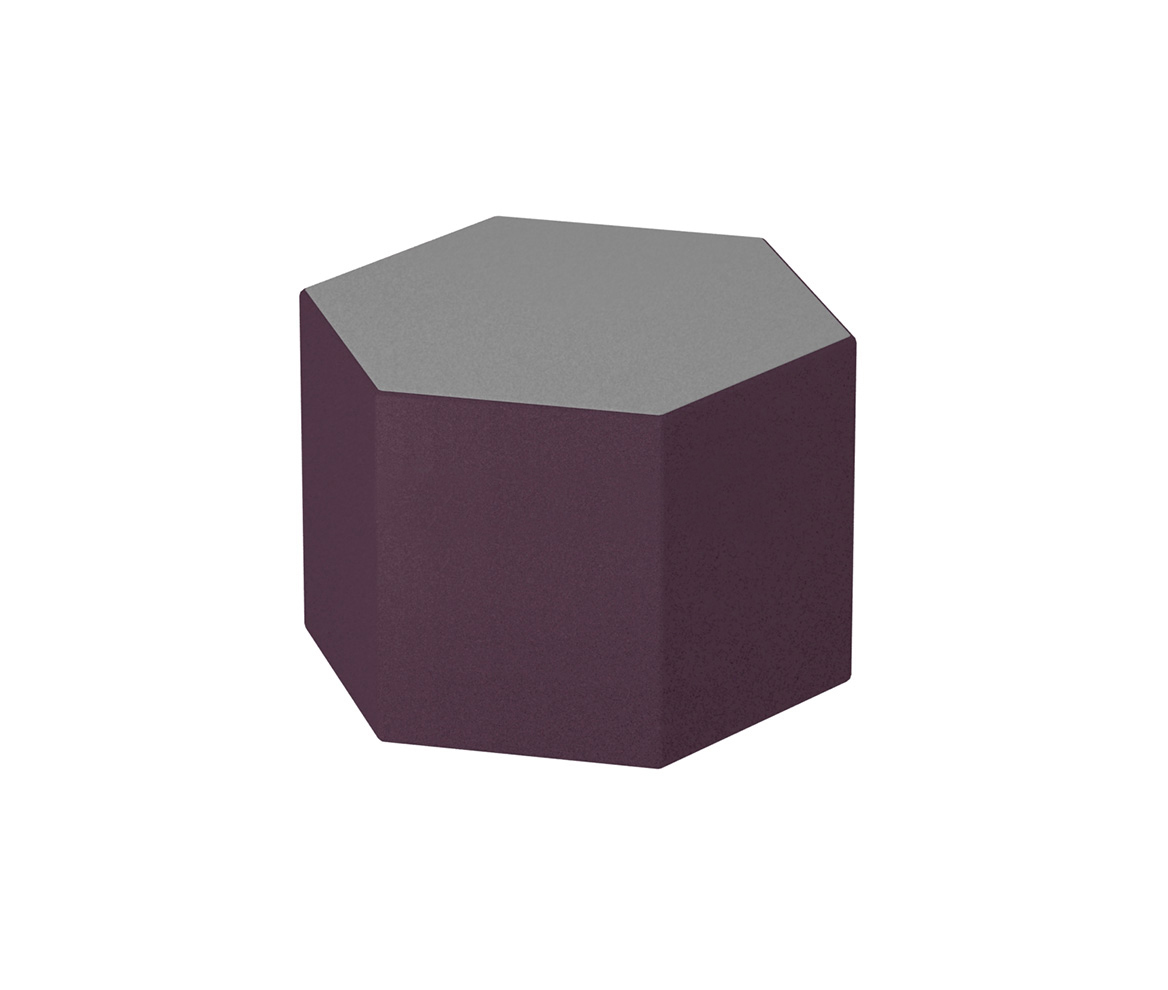 A imagem mostra o puff hexagonal nas cores cinza e roxo