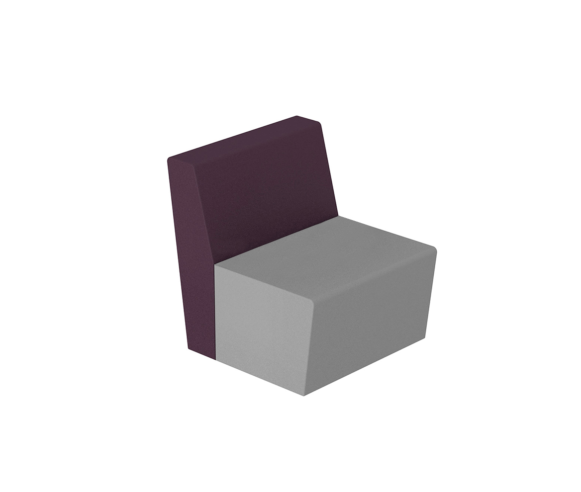 A imagem mostra o módulo poltrona um lugar com encosto na cor cinza e roxo.