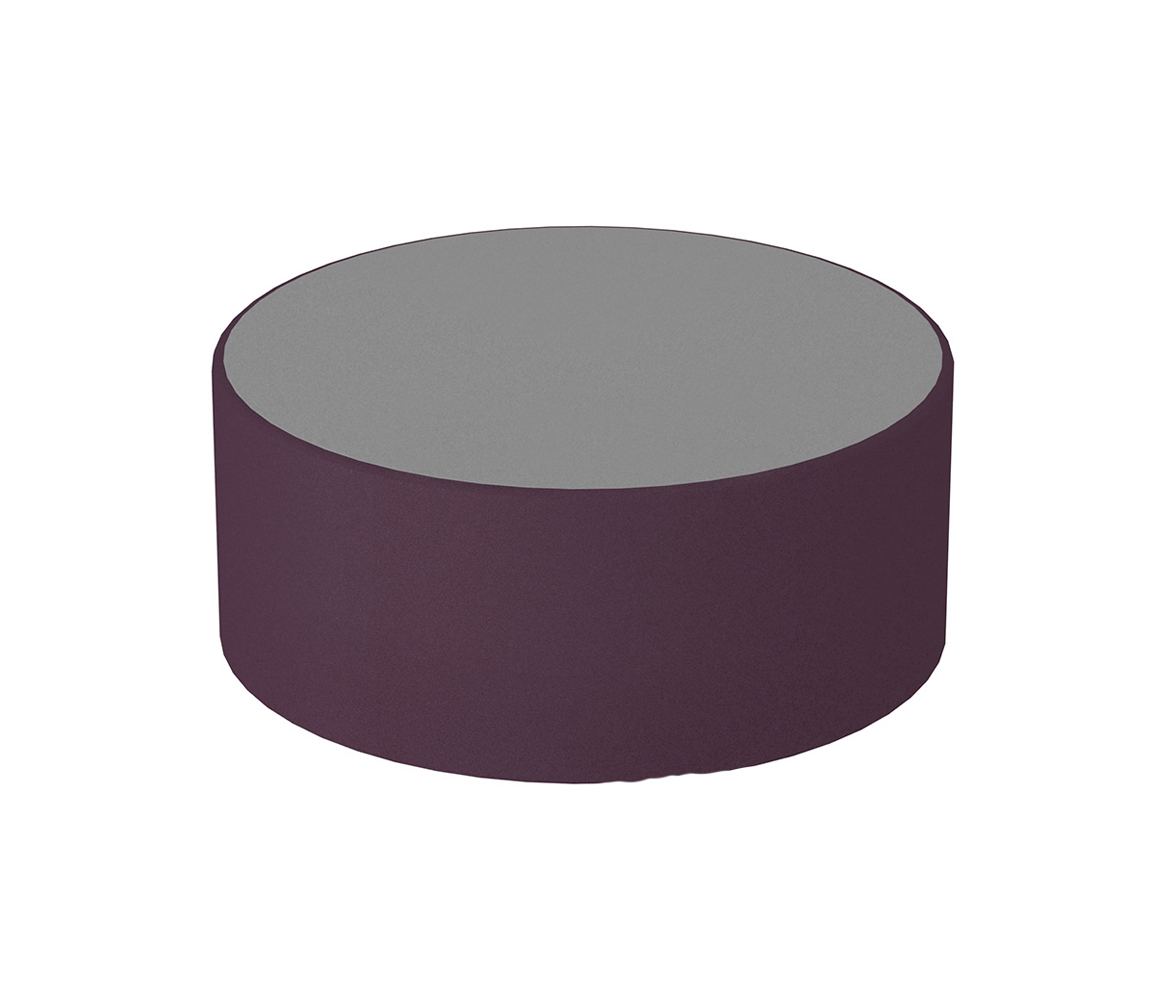 A imagem mostra o puff redondo nas cores cinza e roxo.