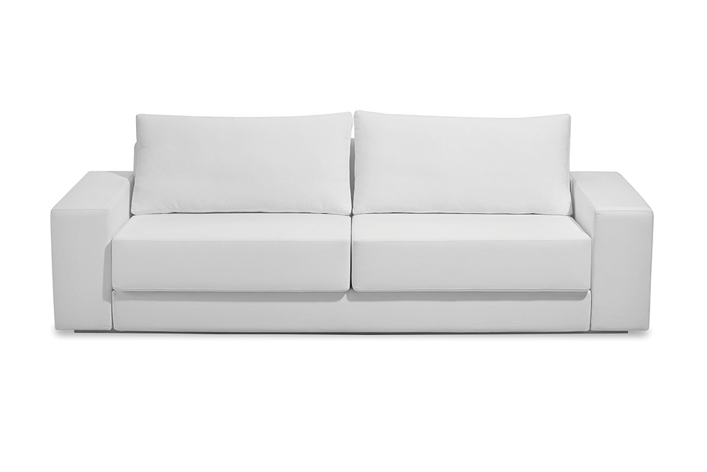 A imagem mostra um ambiente com fundo totalmente branco. No centro encontra-se o sofá retrátil elegant, na cor branca.